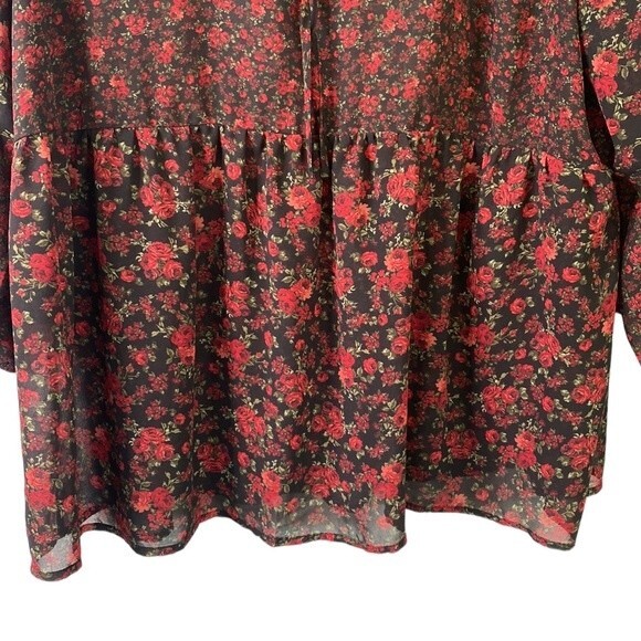 Torrid Dark Floral Print Chiffon Lace Inset Blouse Flare Sleeve Ruffle Tie Neck - Picture 5 of 16